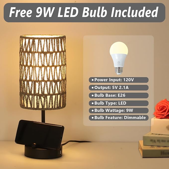 Touch Bedside Lamp For Bedroom with Bulb, Gray Boho Small Table Lamp For Living Room With Rattan & Linen Shade, 3 Way Dimmable Table Lamp For Nightstand With USB Charging Port & Phone Stand For Office