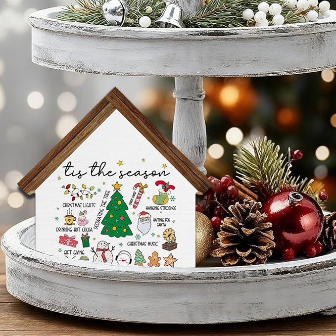Christmas Home Decor, Xmas Tis the Season House Shaped Wood Block Sign Santa Gingerbread Hot Cocoa Decor, Christmas Holiday Home Living Room Decorations for Desk Table Shelf