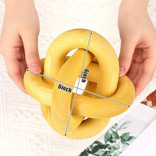3 Link Wood Knot Decor - Hand Carved Coffee Table Decoration, Boho Chain Link Decor, Modern Shelf, Rustic Objects for Home Living Room Bedroom(Yellow)