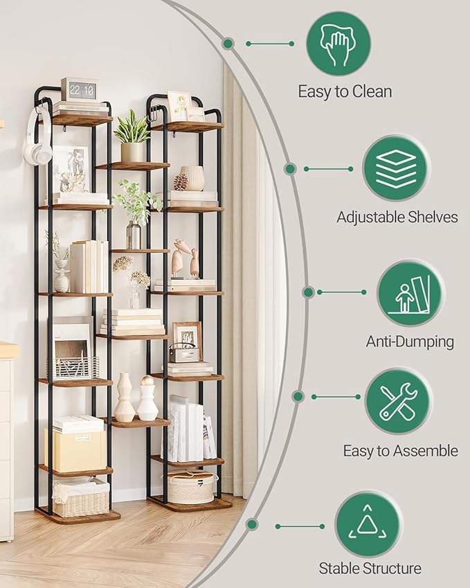 10 Tiers Vertical Shoe Rack, Narrow Shoe Tower, Tall Shoes Shelf with 2 Hooks, Adjustable Shelves, Corner Shoes Shelves for Small Spaces, Entryway, Living Room, Rustic Brown SR11201B