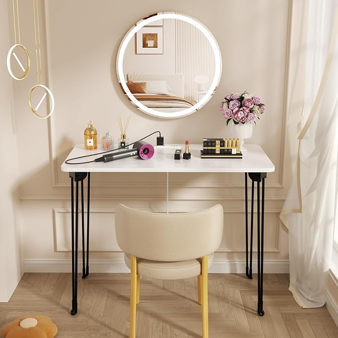 Folding Desk, 31.5" Hairpin Legs Small Desk with Power Strip for Bedroom, Space Saving Foldable Computer Desk for Home Office, No Assembly Need,White