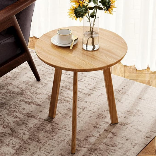 100% Solid Oak Round Side Table, Small Side Table for Small Spaces, 3-Legged Living Room End Tables with Stable Frame for Bedroom Couch Side Entryway, Natural
