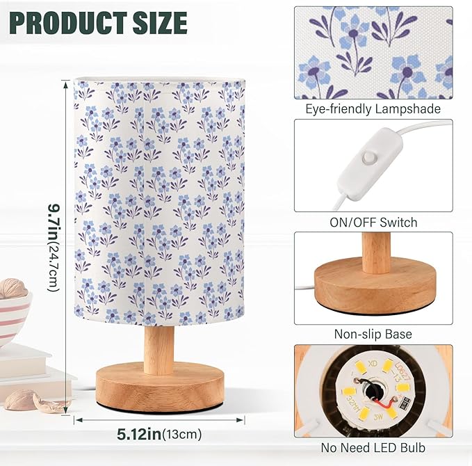 Small Table Lamp for Bedroom Bedside Nightstand with Wire Switch Desk Lamps Linen Fabric Shade Flower Print(Blue)