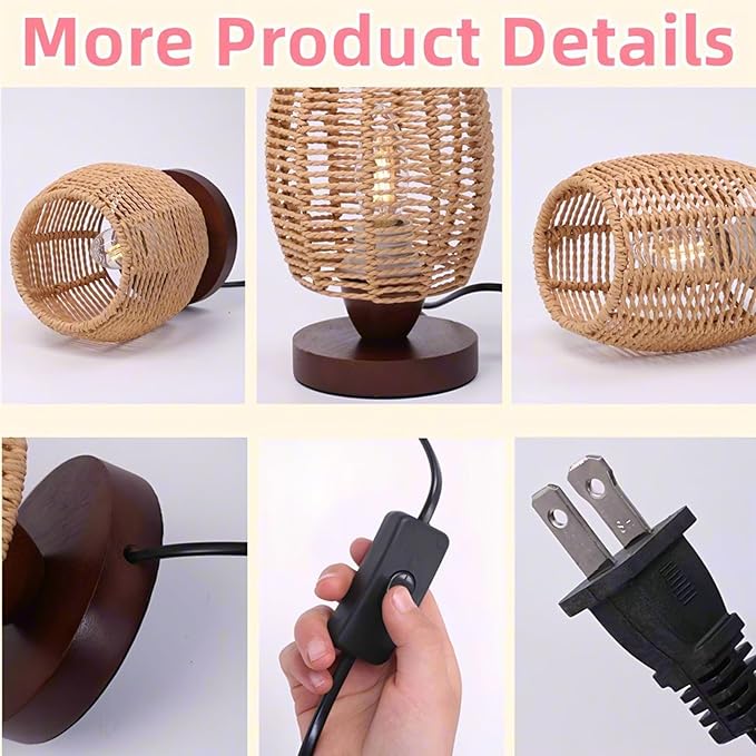Rattan Table Lamp,Boho Small Beside Lamp,Farmhouse Table Lamp for Room Decor,Vintage Wicker Wooden Nightstand Bamboo Woven End Table Lamps for Bedroom Living Room Desk Kids Room,LED Bulb Included