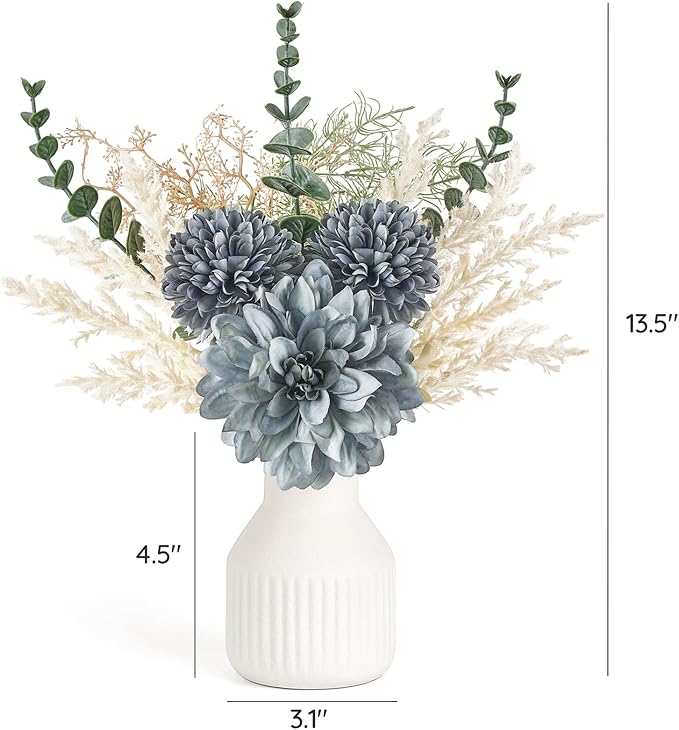 Mkono Small Artificial Flowers in Ceramic Vase 13.5" Centerpieces Coffee Table Decor, Silk Flower Arrangements for Home Decor Indoor Fake Flower Bouquet for Bathroom Dining Room Kitchen Wedding Blue