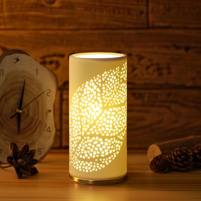Small Modern Ceramics Bedside Table Lamp, 4.5 x 4.5 x 9.75 Inch White Olive Leaf Style Nightstand Lamps, Side Table Lamps for Bedroom Living Room Entryway Table Light