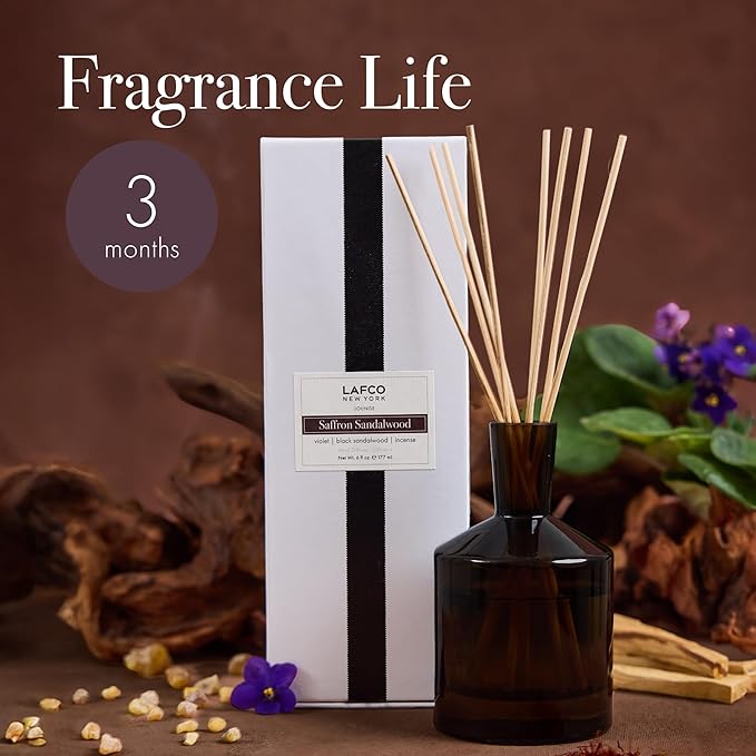 LAFCO New York Fall Classic Reed Diffuser, Saffron Sandalwood - 6 oz - Up to 3 Months Fragrance Life - Reusable, Hand Blown Glass Vessel - Natural Wood Reeds - Made in The USA