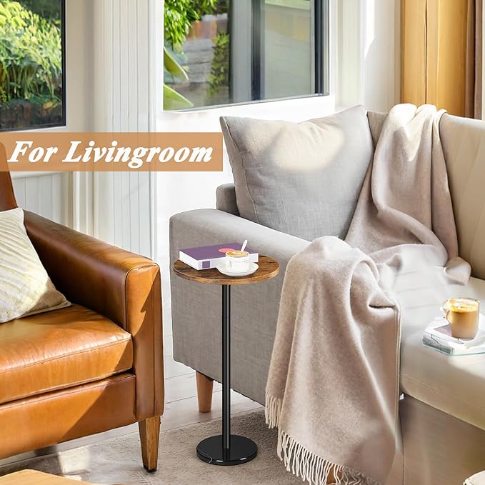 smusei Drink Table Small Side Table with Marble Base Pedestal Side Table Drink Tables for Small Spaces Round End Table Mini Side Table for Sofa Couch Chair Patio, Brown and Black