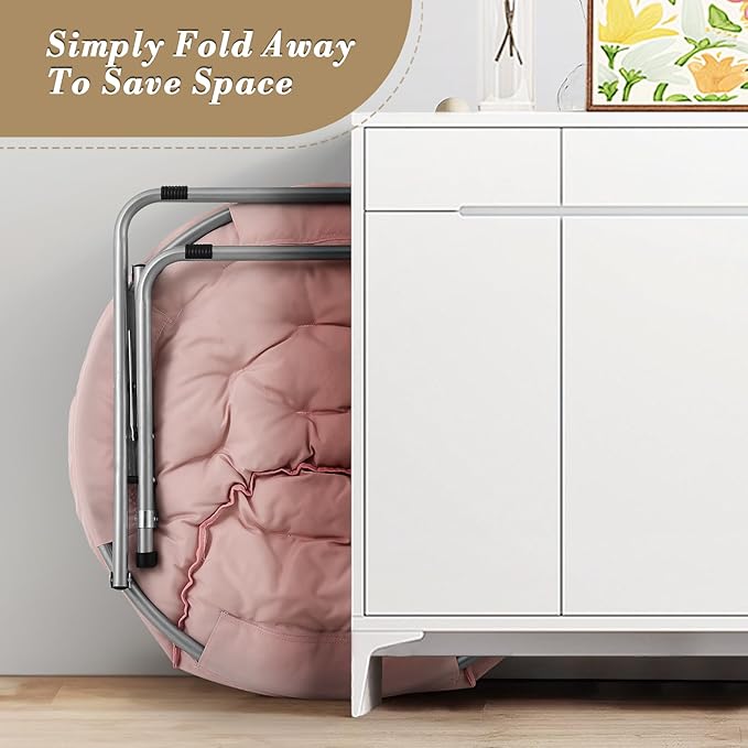 Athena Collection Comfy Saucer Chair, Folding Oversized Cozy Chair for Bedroom Living Room Fabric Reading Chair, Foldable Metal Frame Round Lazy Chair Moon Chair for Adult Set of 2, Pink