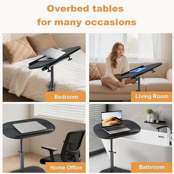 Side Table TV Tray for Couch,90° Tiltable TV Tray Table Height Adjustable 360° Swivel C Shaped End Table for Small Spaces,Bedside Bathroom Living Room(Walnut Color) (Tiltable Black)