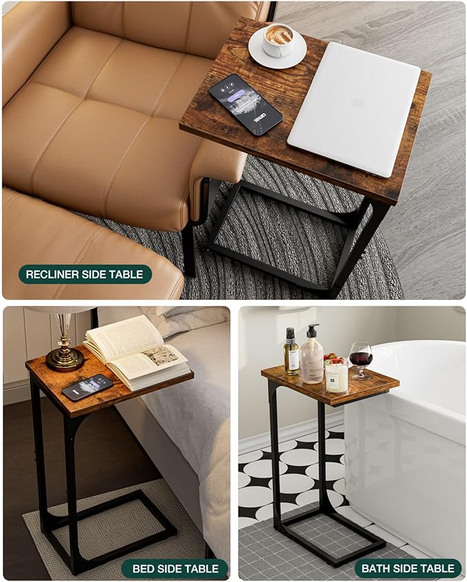 C-Shaped Side Table for Couch - Small Coffee Stand Sofa Tray Desk with Metal Frame and Waterproof Scratch Resistant, Modern End Accent for Living Room, Bedroom, Set of 2, Rustic Brown
