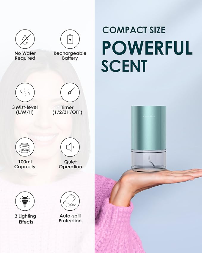 Airversa Essential Oil Diffuser Waterless Aromatherapy Diffusers for Home Large Room, Bedroom, Car, Office, Desk, Battery Operated, Small Diffuser for Pure Scent, 100mL Capacity, AN9 (Mint)
