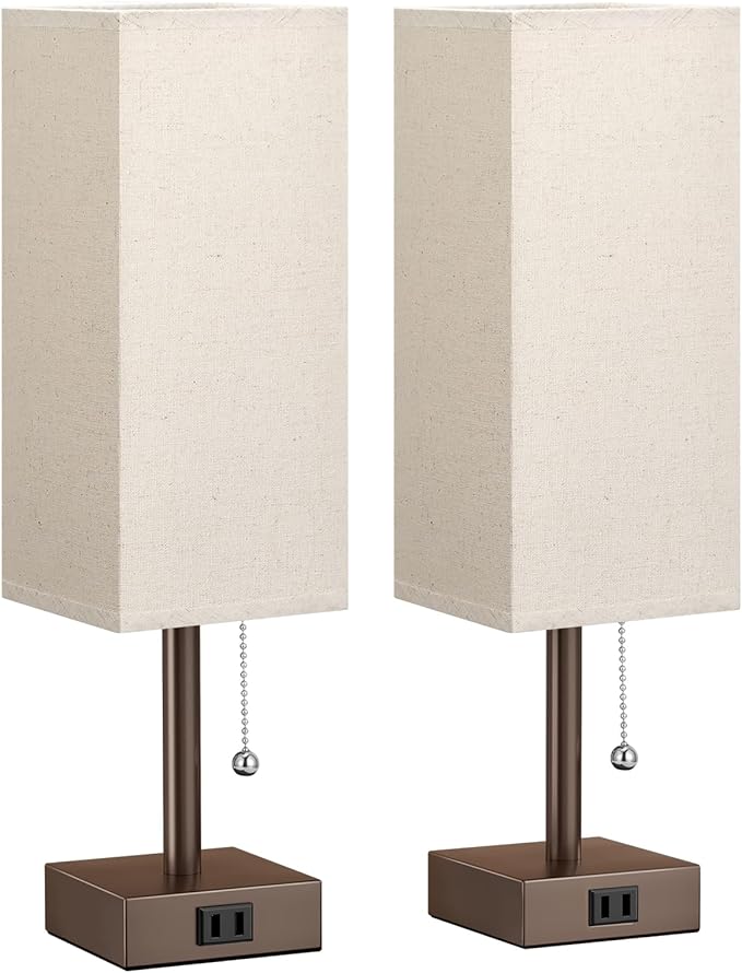Bedside Lamps for Bedroom Set of 2 - Small Rectangular Nightstand Lamp with USB A C Charging Port, 3 Color Temperatures Desk Light with Bulb, Brown Tabletop Reading Lamp for Living Room/Dorm/Office