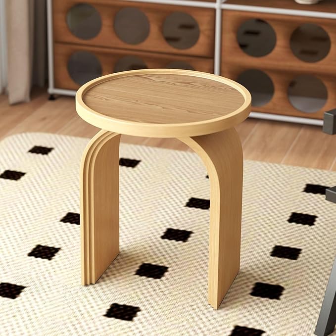 VESCASA 17.75" W Round Sofa Side Table, Modern Nightstand with Arched Wooden Legs, Small Accent End Table for Living Room, Bedroom, Natural Wood