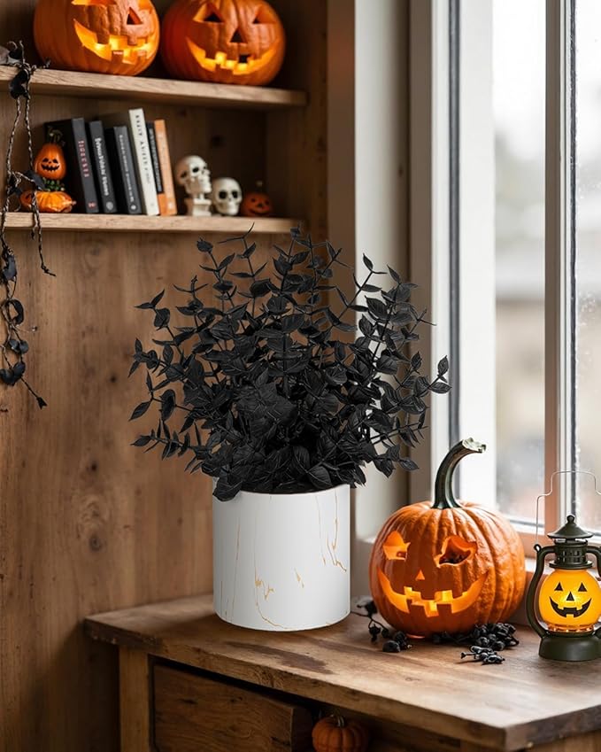 2 Pack Halloween Fake Plants Eucalyptus Potted, Black Artificial Plants, Black Decor for Home Desk Shelf Office Bathroom Coffee Table Halloween Decor