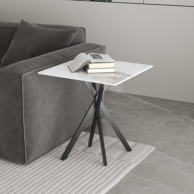 White Marble Side Coffee Table Set of 2 with Metal Legs, Sintered Stone Square Modern Small End Table for Living Room Sofa Table Home Bed Office (2 Pieces, 20"×20"×22")