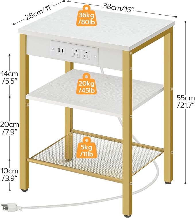 HOOBRO End Tables Set of 2 with Charging Station and USB Ports, 3-Tier Nightstands with Adjustable Shelves, Small Side Tables for Small Space in Living Room, Bedroom, White and Gold DW112BZP201G1