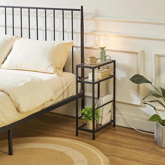 IBUYKE Narrow Side Table with Storage Shelf, 3 Tier Slim End Table,Modern Sofa Table, Small Nightstand, Telephone Table for Small Spaces,for Living Room, Bedroom, Black UTMZ002B