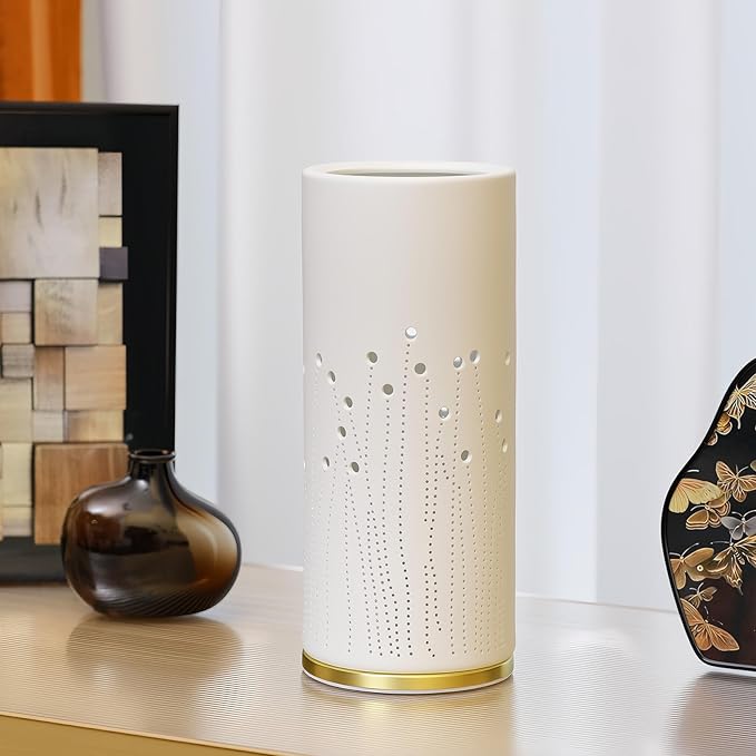 Small Modern Ceramics Bedside Table Lamp, 4.5 x 4.5 x 9.75 Inch White Firework Style Nightstand Lamps, Side Table Lamps for Bedroom Living Room Entryway Table Light