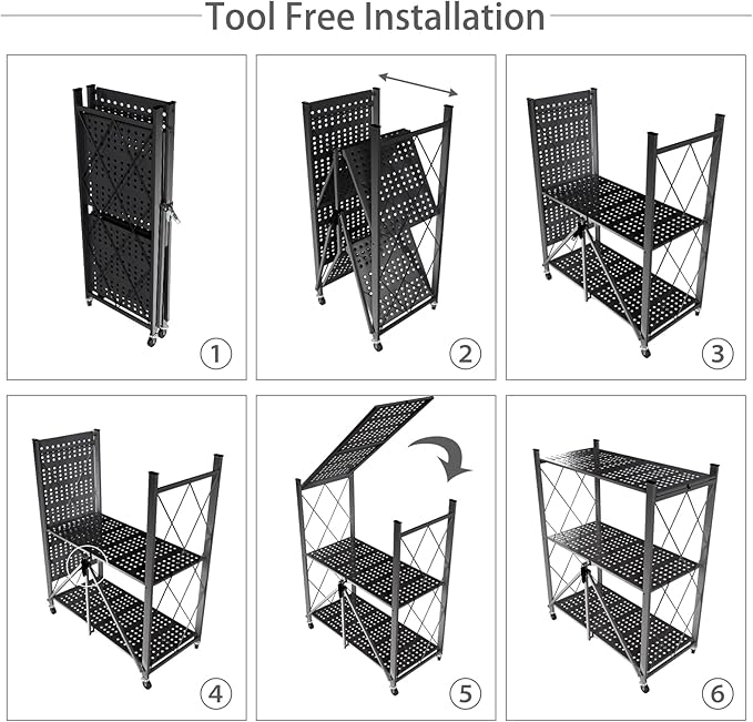 3 Tier Foldable Storage Shelf with Wheels, Heavy Duty Garage Shelving Unit Loads 550 LBS, Metal Steel Collapsible Shelves, Rolling Standing Utility Rack for Kitchen, Pantry, Office, Black