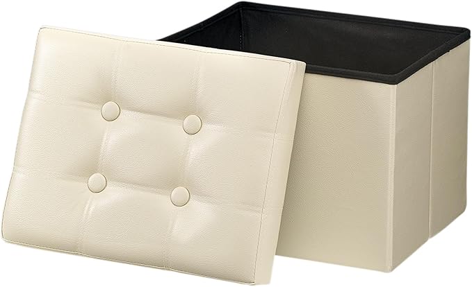 Storage Ottoman, Folding Foot Stool with Thicker Foam Padded Seat Small Leather Storage Ottoman Bench Foot Rest for Living Room Foldable Coffee Table 17x13x13in,Beige