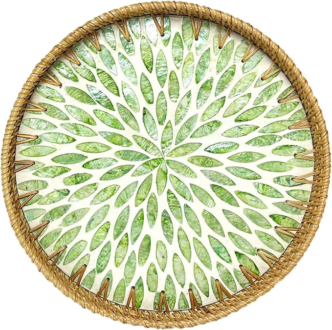 Round Rattan Tray with Mother of Pearl Inlay, Decorative Rattan Serving Tray for Home Boho Decor, Coffee Table, Bread, Food, Tea, Ottoman Trays-Fruit Wicker Basket, 100% Natural Materials Green- 13.8"