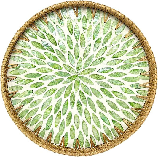 Round Rattan Tray with Mother of Pearl Inlay, Decorative Rattan Serving Tray for Home Boho Decor, Coffee Table, Bread, Food, Tea, Ottoman Trays-Fruit Wicker Basket, 100% Natural Materials Green- 13.8"