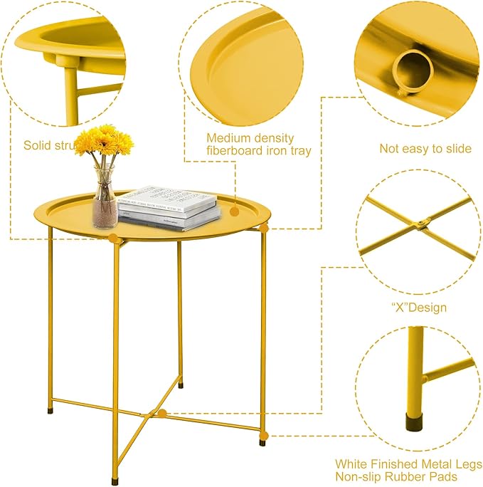 VILAWLENCE Metal End Table Side Table Round Folding Tray, Sofa Grey Small Accent Fold-able Side Table Tray,Outdoor Side Sofa Table, Snack Table for Living Room and Bed Room 18.5 in (Yellow)