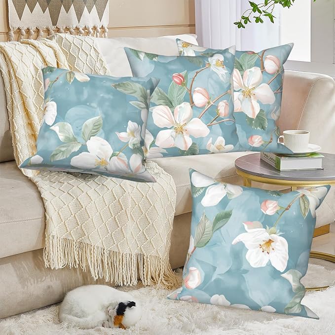 White Flowers Throw Pillow Covers 26"x26" Set of 4, Blooming Floral Couch Pillow Cases Spring Decorative Cushion Covers for Sofa Chair Bed Living Room Garden Farmhouse Car Indoor Outdoor