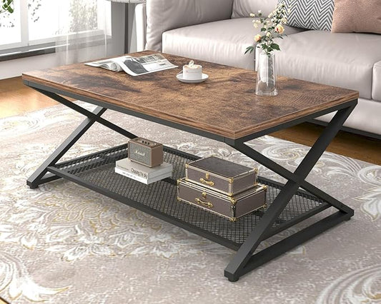 LVB Rustic Coffee Table, Industrial Metal Wood 2 Tier Cocktail Tea Table with Storage for Living Room, Farmhouse Wooden Rectangle Center Table with Mesh Shelf for Office Bedroom, 39 inch, Rustic Brown