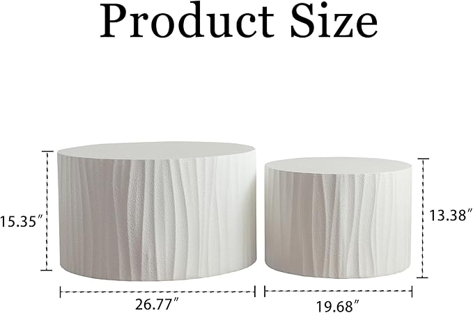 Nesting Round Coffee Table Set of 2, 26.77" (W) Circle Accent End Table with Water Ripple Pattern, Morden Drum Side Table, Wooden Center Table for Living Room, Fully Assembled - White