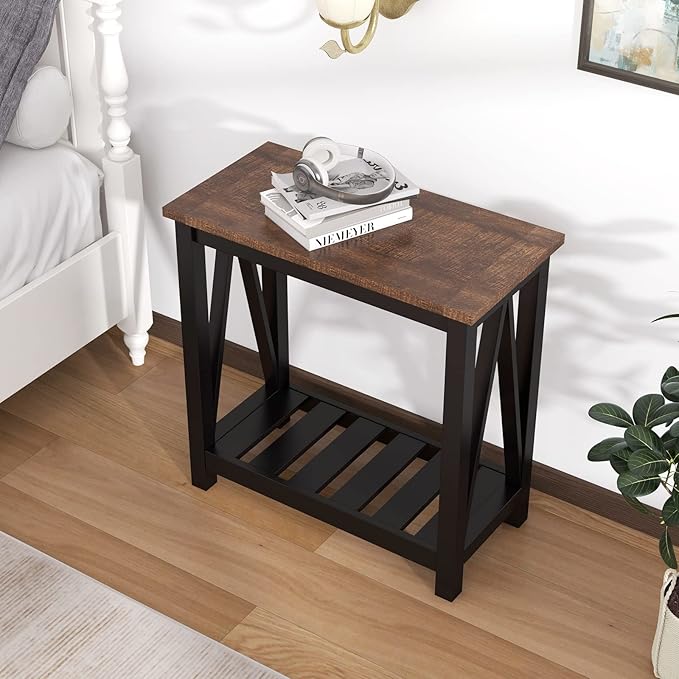 ChooChoo Farmhouse End Table, Rustic Vintage Narrow End Side Table with Storage Shelf for Small Spaces, Nightstand Sofa Table for Living Room, Bedroom Black 2 Pack