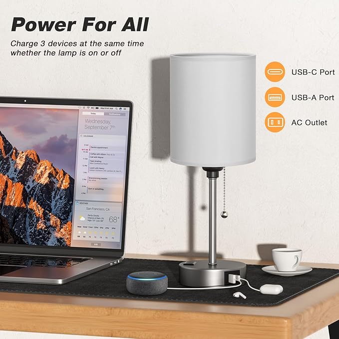 Grey Bedroom Lamp for Nightstand - 3 Color Temperature Table Lamp with USB C and A Ports, Pull Chain Bedside Lamp with AC Outlet, Desk Lamp with Silver Metal Base for Kids Girls