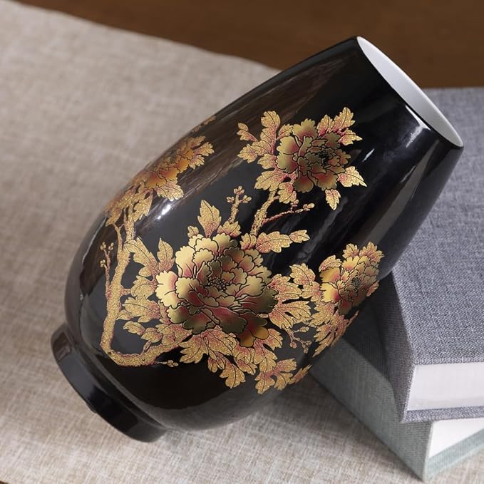 9 Inch Glossy Vintage Ceramic Vase with Floral Design, Flower Vases for Dining Table & Wedding Centerpiece, Handcrafted Home Decor, Boho Decoration for Living Room,Office, Entryway,Pampas Grass(Black)