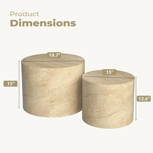 Nesting Coffee Table Set of 2, Round Beige Nesting Table Modern Circle Coffee Tables Side End Tables for Small Spaces Living Room, Bedroom, Balcony, Office