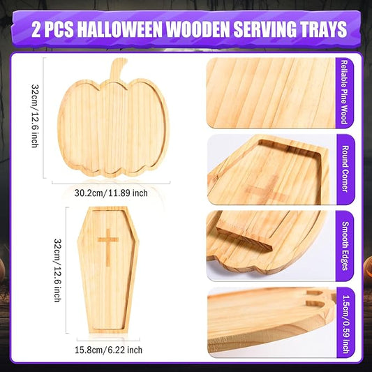 FOBSME 2 Pcs Halloween Wooden Charcuterie Boards Pumpkin and Coffin Shape Serving Platters Fall Wood Serving Trays Decorative Wooden Snack Dish Plates for Halloween Holiday Housewarming Presents