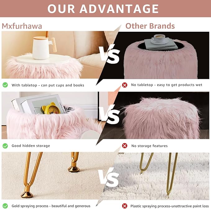 Mxfurhawa Faux Fur Storage Ottoman Round Furry Vanity Stool Marble Grain Tray Coffee Table Compact Footrest Stool with 4 Metal Legs Soft Makeup Seat Foot Stools for Living Room Bedroom Entryway Pink
