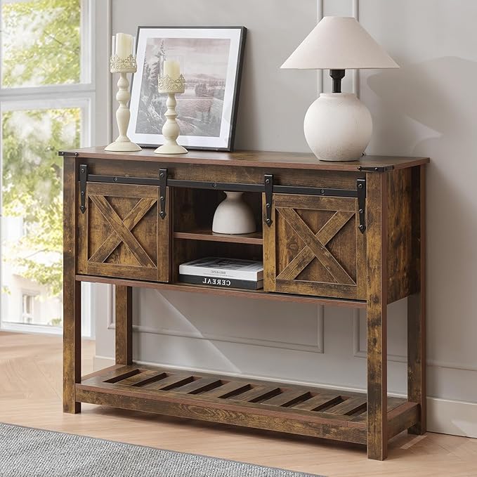 Entryway Table with Sliding Barn Doors, 43" Farmhouse Console Table with Storage Shelf, Behind Couch Sofa for Hallway, Entryway, Foyer, Brown
