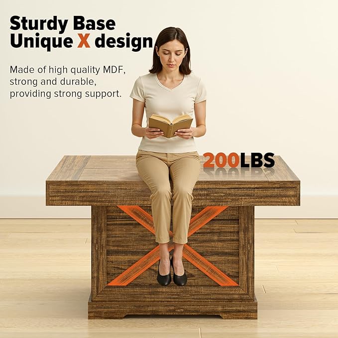Coffee Table 31.5 in Rustic Center Table with X Design Wooden Pedestal for Living Room, Small Square Home Office Tea Accent Table for Dining Room Apartment, Walnut