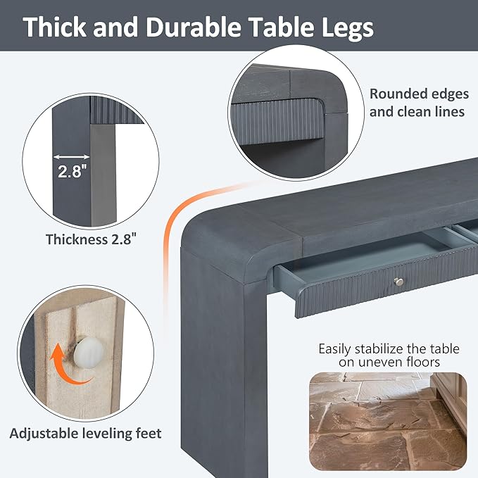 kevinplus 54.3'' Rustic Wood Console Table Sofa Table with Fluted Drawer Storage for Entryway, Modern Elegant Design & Curved Edge, Easy Assemble, Navy Blue