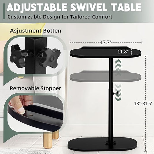 Aoligrace Black Sofa Side Table, Adjustable Height C Table with 360° Swivel Flip Top, Small End Table for Living Room Apartments Dorms