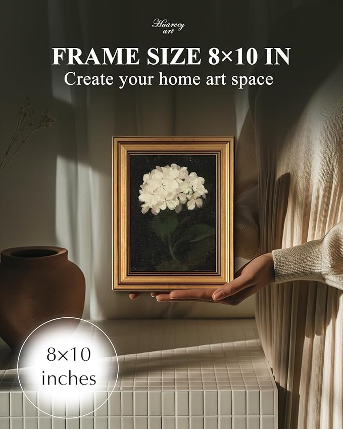 HUARCEY Gold Framed Vintage Wall Art for Living Room, Flowers Painting Canvas Prints Shelf Decor for Kitchen, Aesthetic Bedroom Wall Art, Christmas Gifts for Friends or Family (White Hydrangea 8"x10")