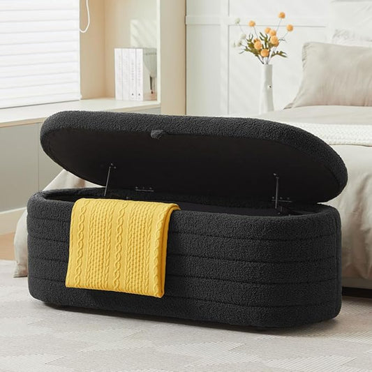Storage Ottoman Bench End of Bed for Bedroom,45 inch Boucle Upholstered Entryway Shoe Seat Bench w/ Storage,Sherpa Modern Cute Padded Blanket Chest Stool Foot Rest for Living Room,Black