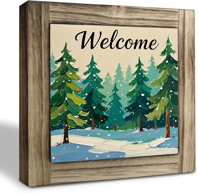 Christmas Trees Wood Sign, Welcome Wooden Box Sign, Front Door Decors for Shelves, Entryway Decor for Home, Modern Farmhouse Home Office Decor, Decorative Wooden Box Plaque