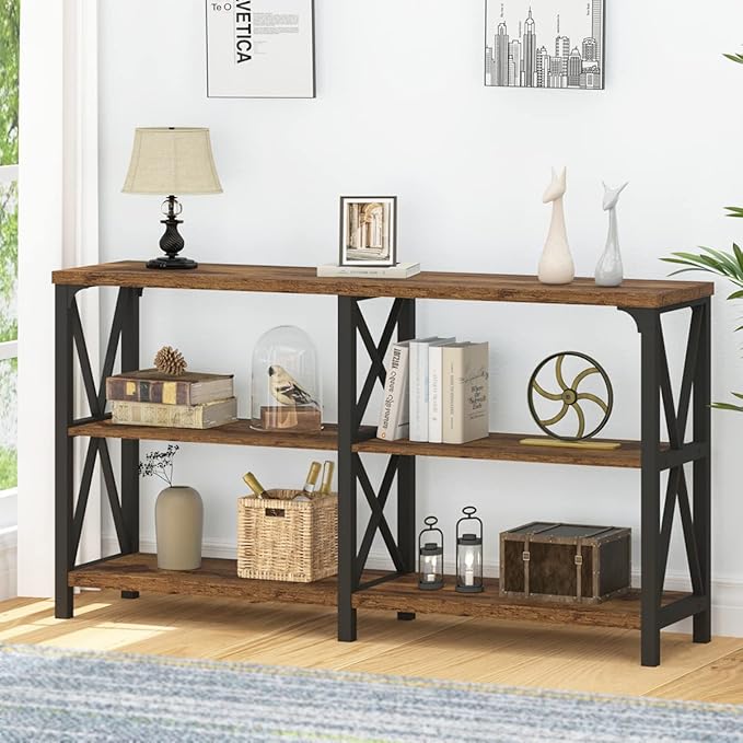 IBF Rustic Console Table for Entryway, Farmhouse Wood Sofa Table with Storage, Industrial Open Entry Table for Hallway, Modern Foyer Tables Behind Couch Shelf for Home Living Room, Rustic Brown, 55 In