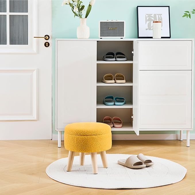 Mxfurhawa Versatile Storage Ottoman, Round Footstool with Soft Padded Seat, Small End Table with 4 Wood Legs, Teddy Velvet Foot Rest for Couch,Shoe Changing Stool for Living Room (Yellow)