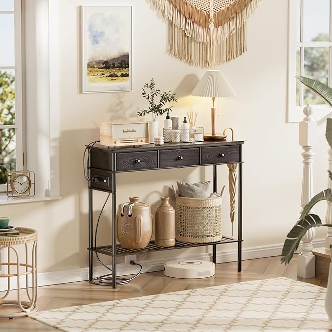 Entryway Table Sofa Console Table, Bamboo Small Entry Way Table with Drawers Storage and Power Outlets for Living Room, Hallway, Foyer, Entrance, Black