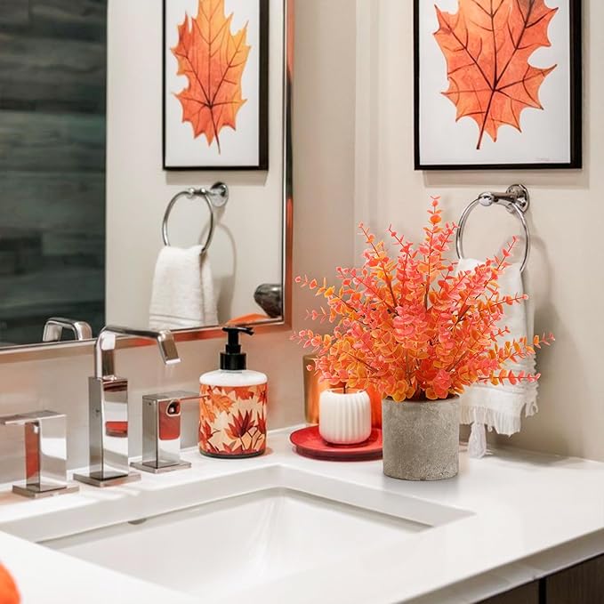 2 Pack Fall Small Fake Plants 14" Eucalyptus Potted Artificial Plants Fall Decorations for Home Shelf Office Bathroom Desk Farmhouse Room Coffee Table Decor Fall Decor (Fall Orange-Large)