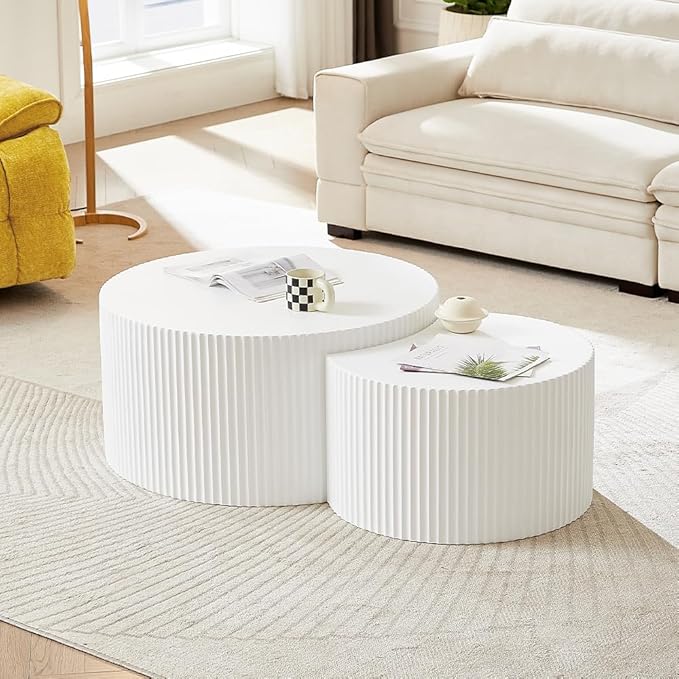 WILLIAMSPACE Nesting Coffee Table Set of 2, Round & Crescent Moon Wooden Coffee Tables, Modern Luxury Accent End Tea Table for Living Room Apartment (White-Round)