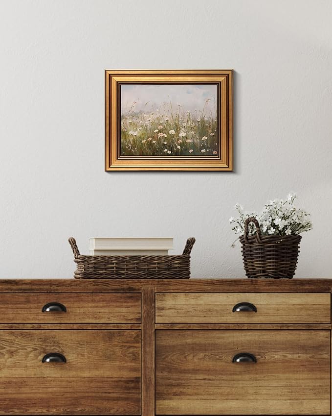 HUARCEY Gold Framed Vintage Wall Art for Living Room Wildflower Field Landscape Decor Aesthetic Mother Day Gift for Mom Oil Painting Flower Wall Print Floral Pictures Canvas Artwork Shelf Decor 8x10in